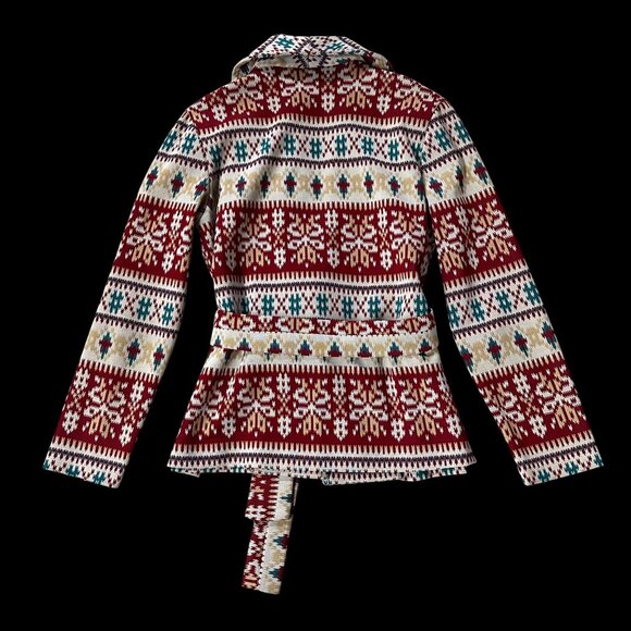 Vintage Cardigan Jacket 1970s Jane Colby USA Aztec Belted Maroon Teal Medium - Picture 3 of 8